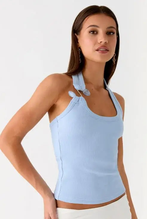 Top halter neck slim fit azul claro sem mangas – Trivelle