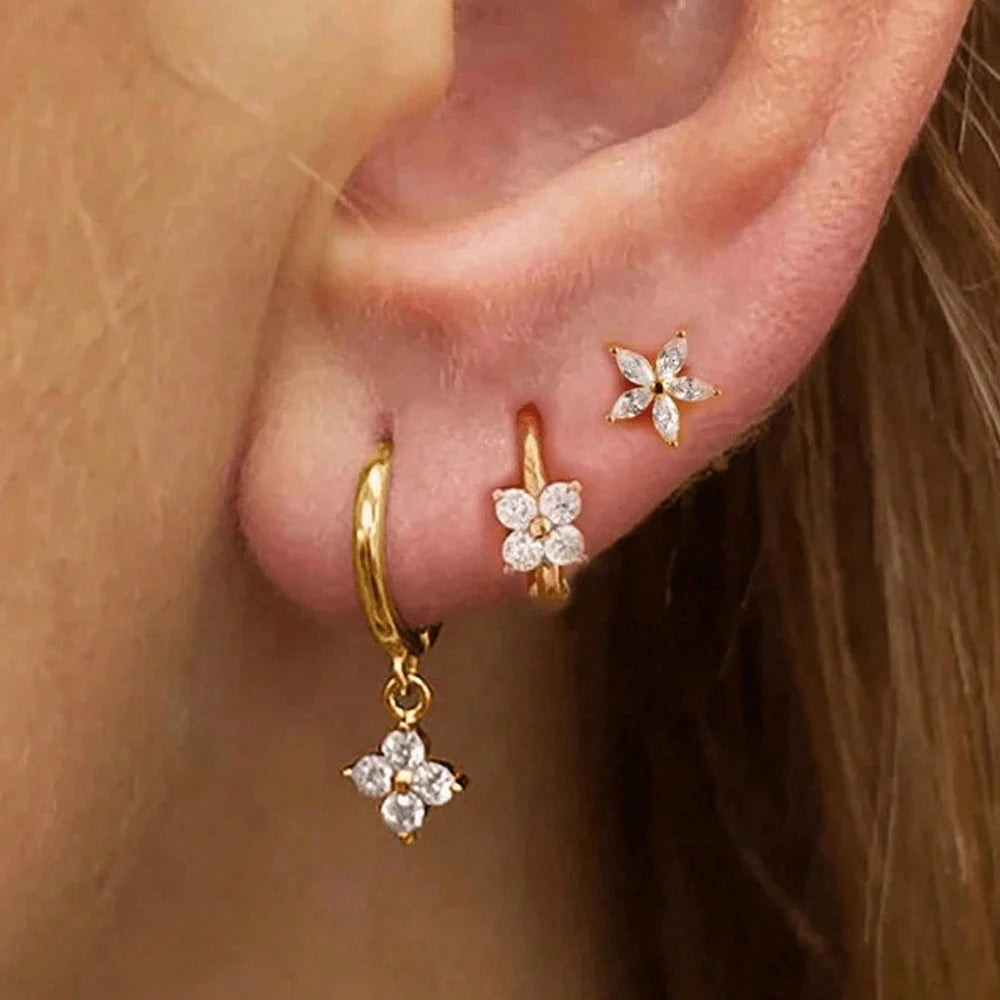 Pack 3 Brincos Flor com Zircónia | Aço Inoxidável Hipoalergénico.