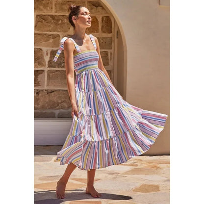 Vestido Midi Canelado com Alças de Laço