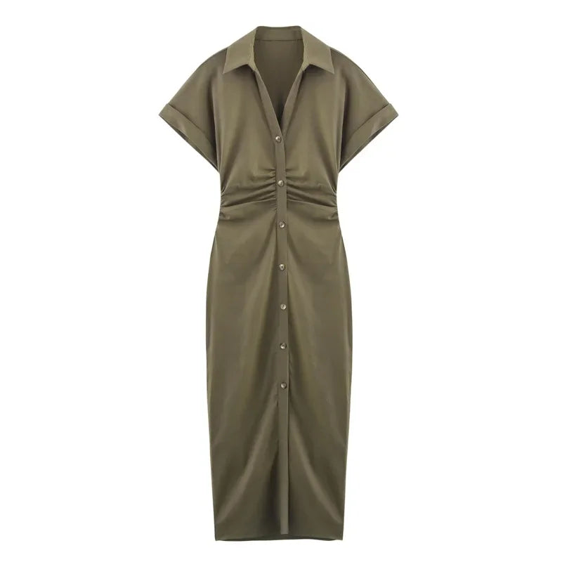Vestido Midi Retrô Acinturado com Botões