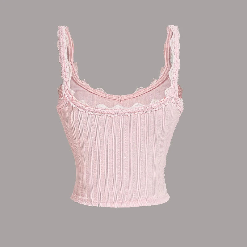 Top Camisole Canelado com Renda