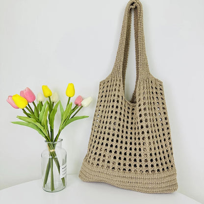 Mala de Ombro em Malha Vintage com Design Vazado | Grande Capacidade Estilo Boho
