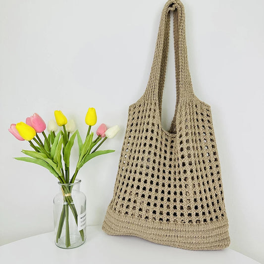 Mala de Ombro em Malha Vintage com Design Vazado | Grande Capacidade Estilo Boho