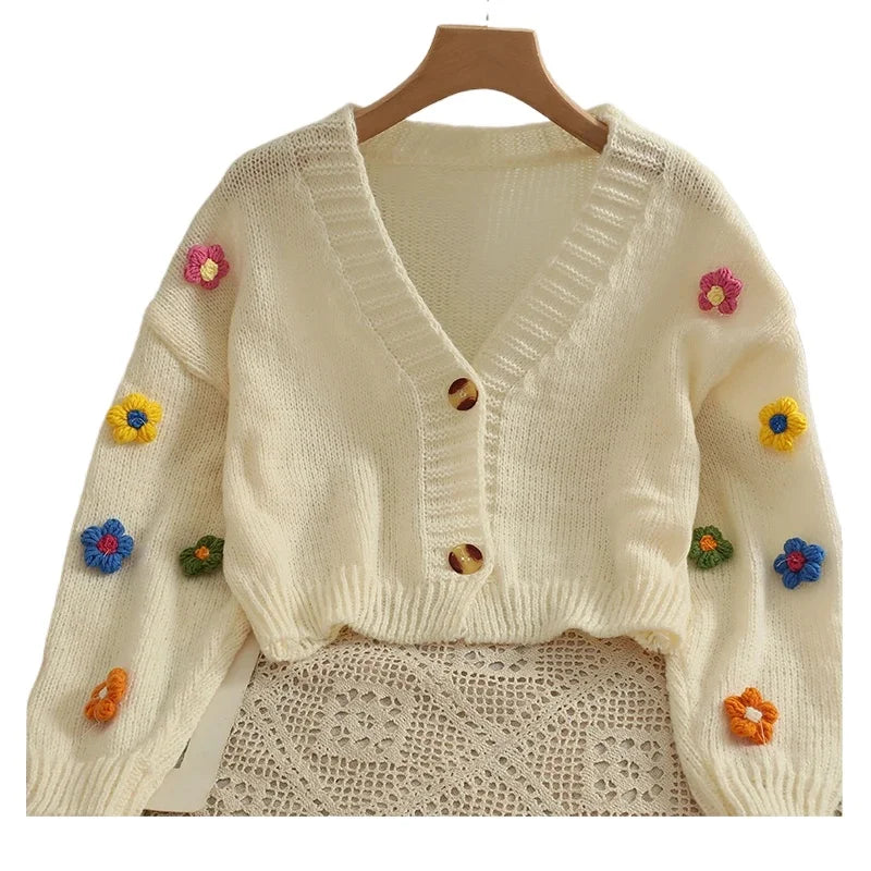 Cardigan de Malha com Flores Coloridas