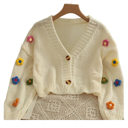 Cardigan de Malha com Flores Coloridas