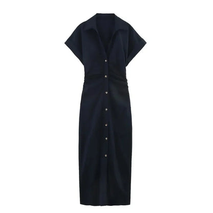 Vestido Midi Retrô Acinturado com Botões