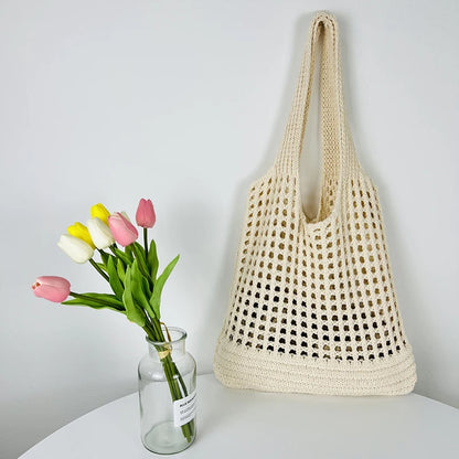 Mala de Ombro em Malha Vintage com Design Vazado | Grande Capacidade Estilo Boho