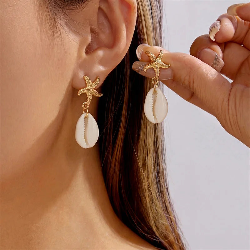 Brincos Pendentes Estrela-do-Mar & Concha | Estilo Boémio | Tom Dourado | Verão.