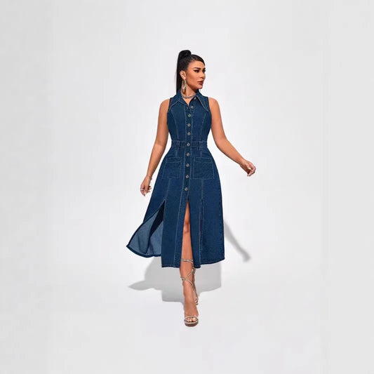 Vestido Jeans Longo Acinturado com Botões