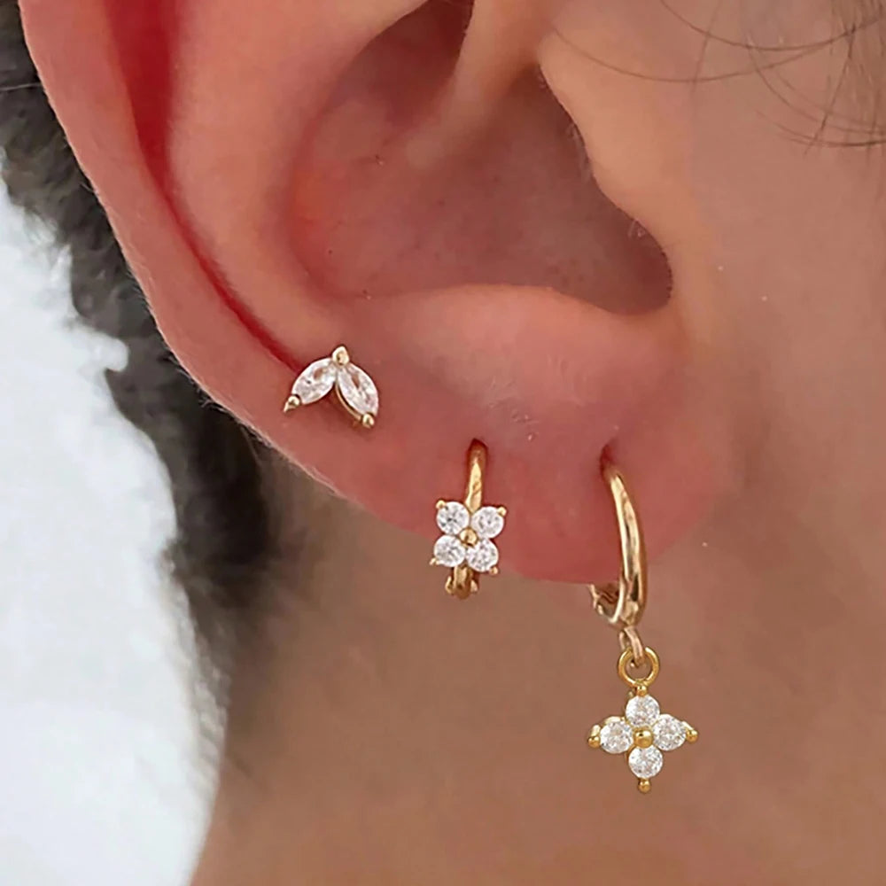 Pack 3 Brincos Flor com Zircónia | Aço Inoxidável Hipoalergénico.