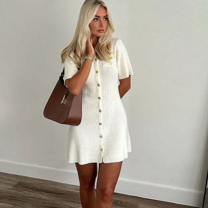 Vestido Mini Malha Canelada com Botões Metálicos