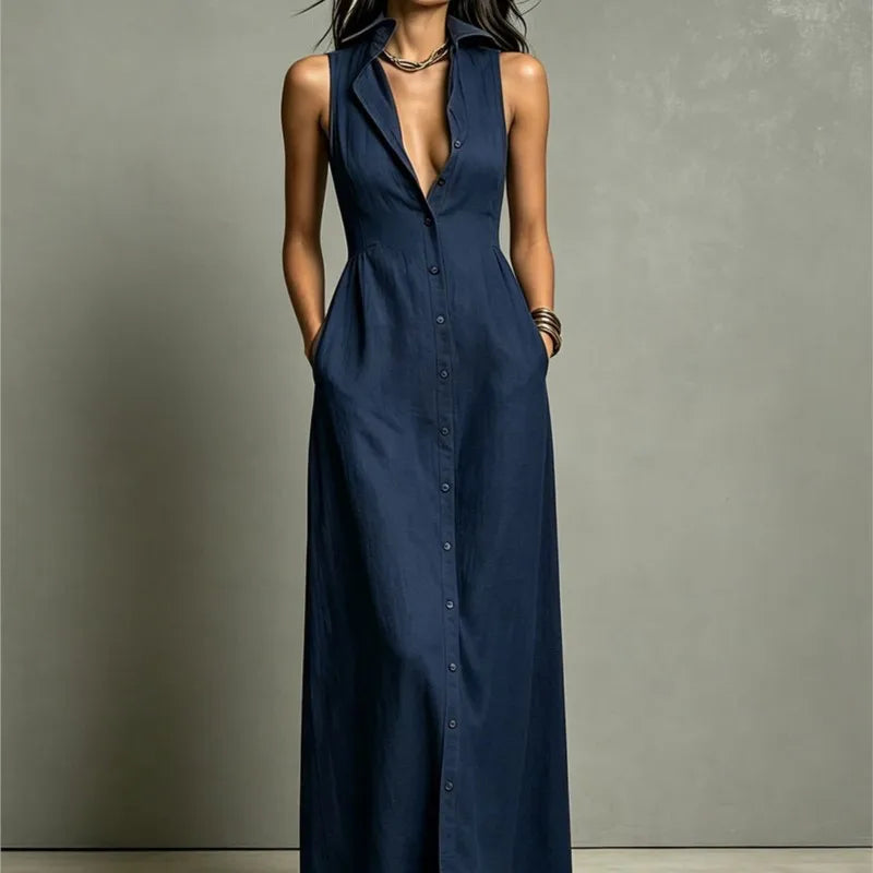 Vestido Maxi Gola Colarinho e Decote V Profundo