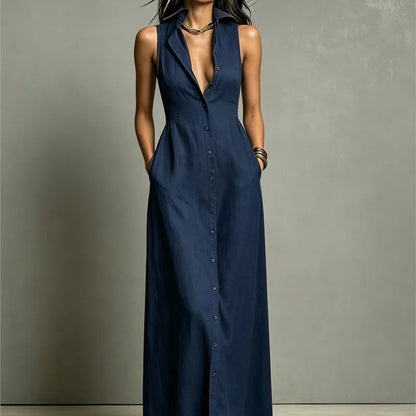 Vestido Maxi Gola Colarinho e Decote V Profundo