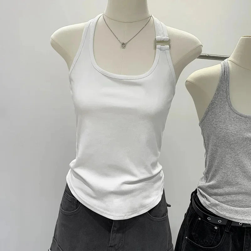 Top halter plissado na cintura branco e cinzento – Trivelle