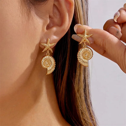 Brincos Pendentes Estrela-do-Mar & Concha | Estilo Boémio | Tom Dourado | Verão.
