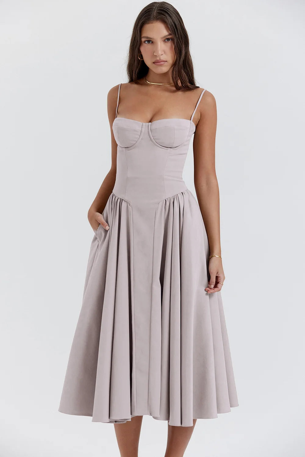Vestido Midi Plissado com Alças
