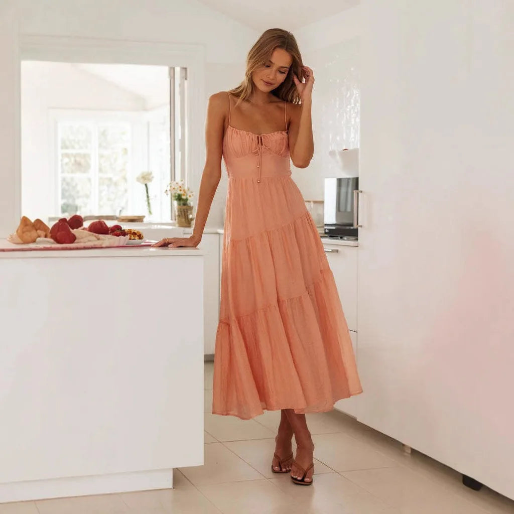 Vestido Verão Alças Finas com Saia de Babados