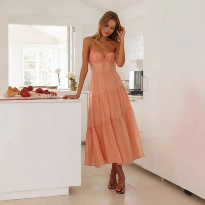 Vestido Verão Alças Finas com Saia de Babados