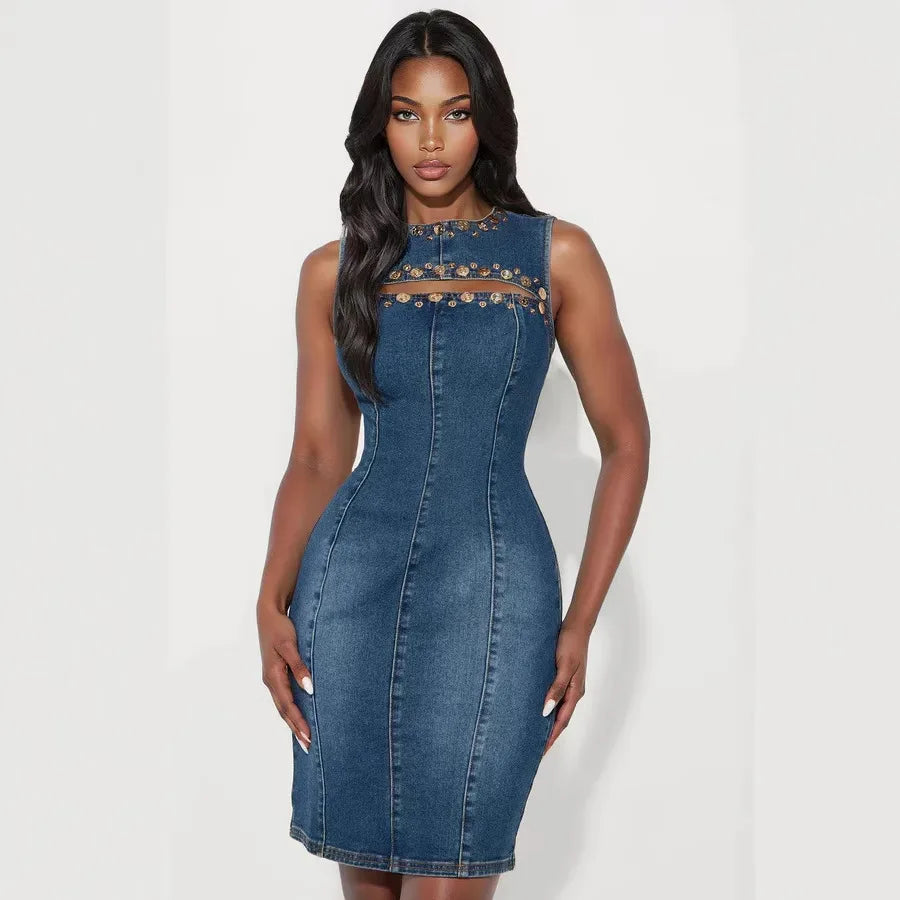 Vestido Jeans Curto Sem Mangas Estilo Rocker