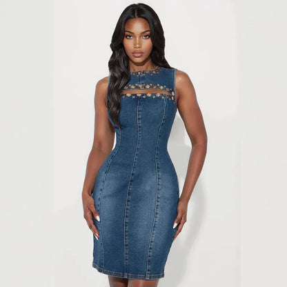 Vestido Jeans Curto Sem Mangas Estilo Rocker