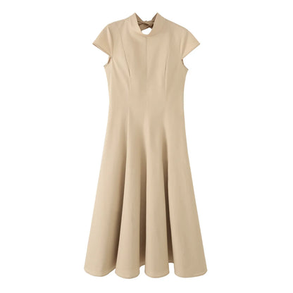 Vestido Midi Algodão Puro com Gola Alta e Manga Curta