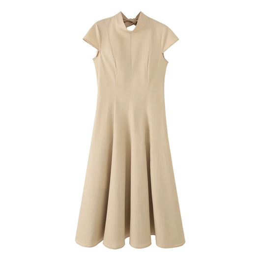 Vestido Midi Algodão Puro com Gola Alta e Manga Curta