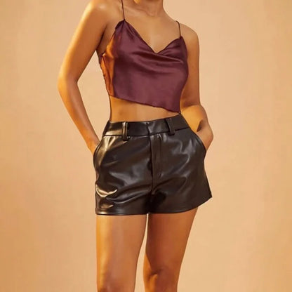 Calções PU Leather Cintura Alta