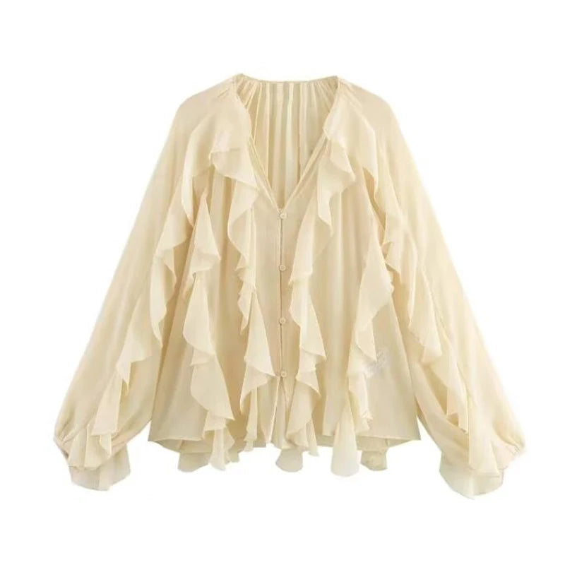 Blusa com folhos creme semi-transparente manga longa – Trivelle
