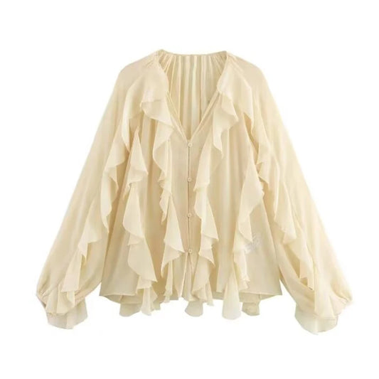 Blusa com folhos creme semi-transparente manga longa – Trivelle