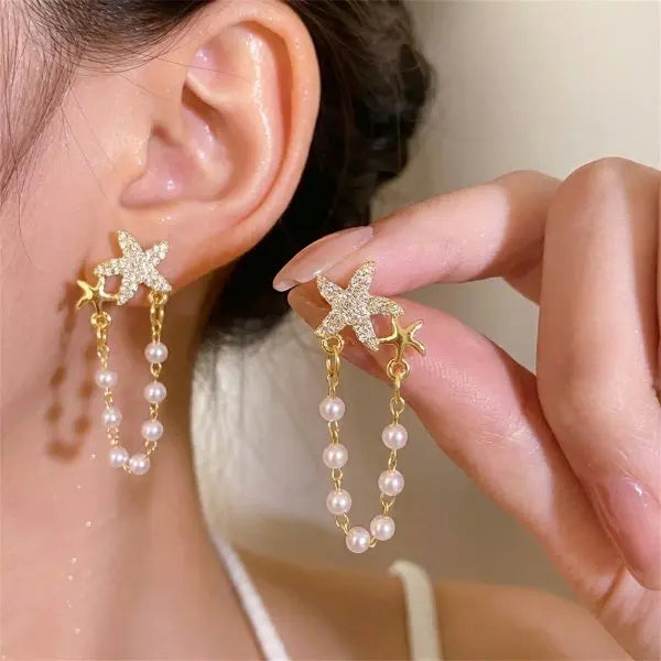 Brincos Pendentes Estrela-do-Mar & Concha | Estilo Boémio | Tom Dourado | Verão.
