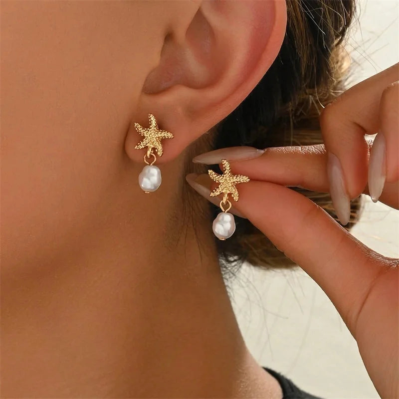 Brincos Pendentes Estrela-do-Mar & Concha | Estilo Boémio | Tom Dourado | Verão.