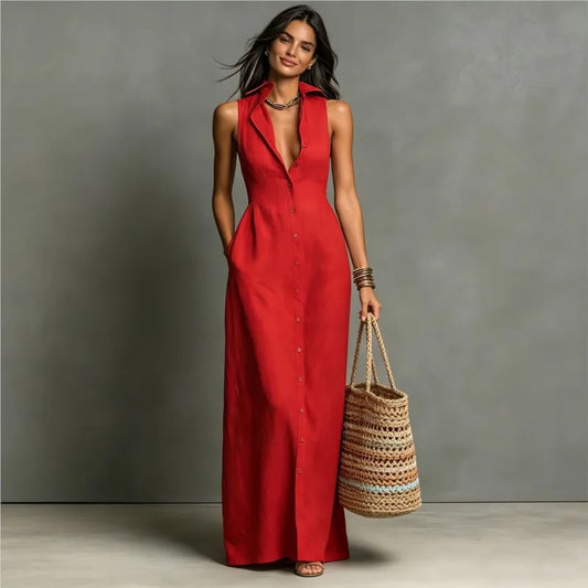 Vestido Maxi Gola Colarinho e Decote V Profundo