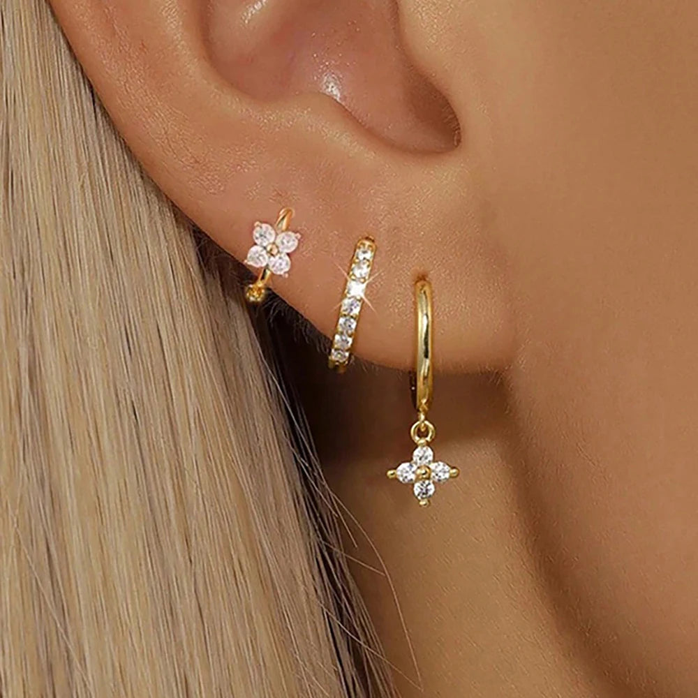 Pack 3 Brincos Flor com Zircónia | Aço Inoxidável Hipoalergénico.