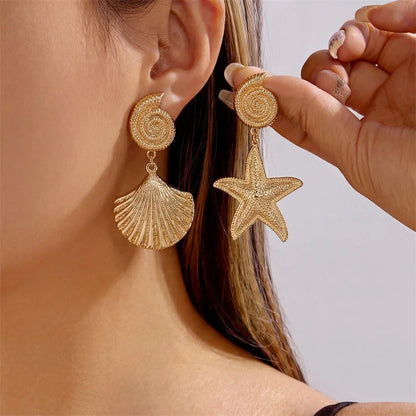 Brincos Pendentes Estrela-do-Mar & Concha | Estilo Boémio | Tom Dourado | Verão.