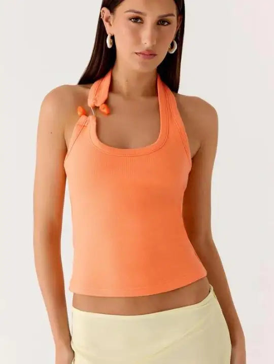 Top halter neck slim fit laranja sem mangas – Trivelle