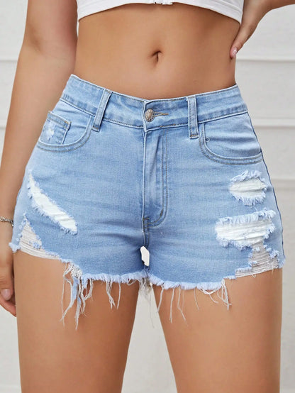 Calções Denim Ripped Cintura Alta