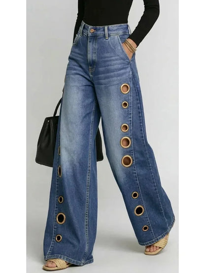 Calças de Ganga Wide Leg com Ilhós Metálicos