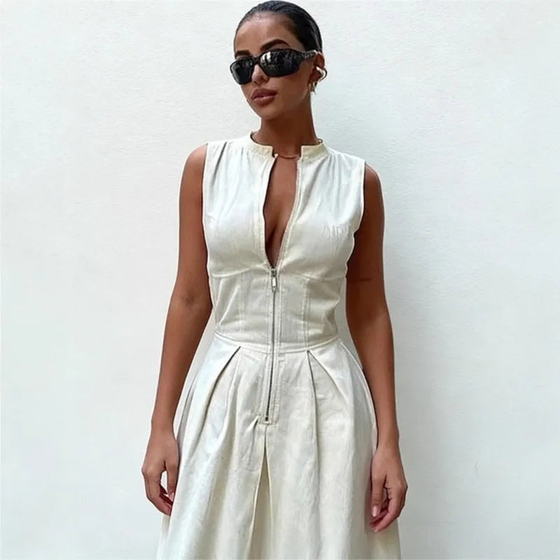 Vestido Longo Slim sem Mangas com Decote V e Zip