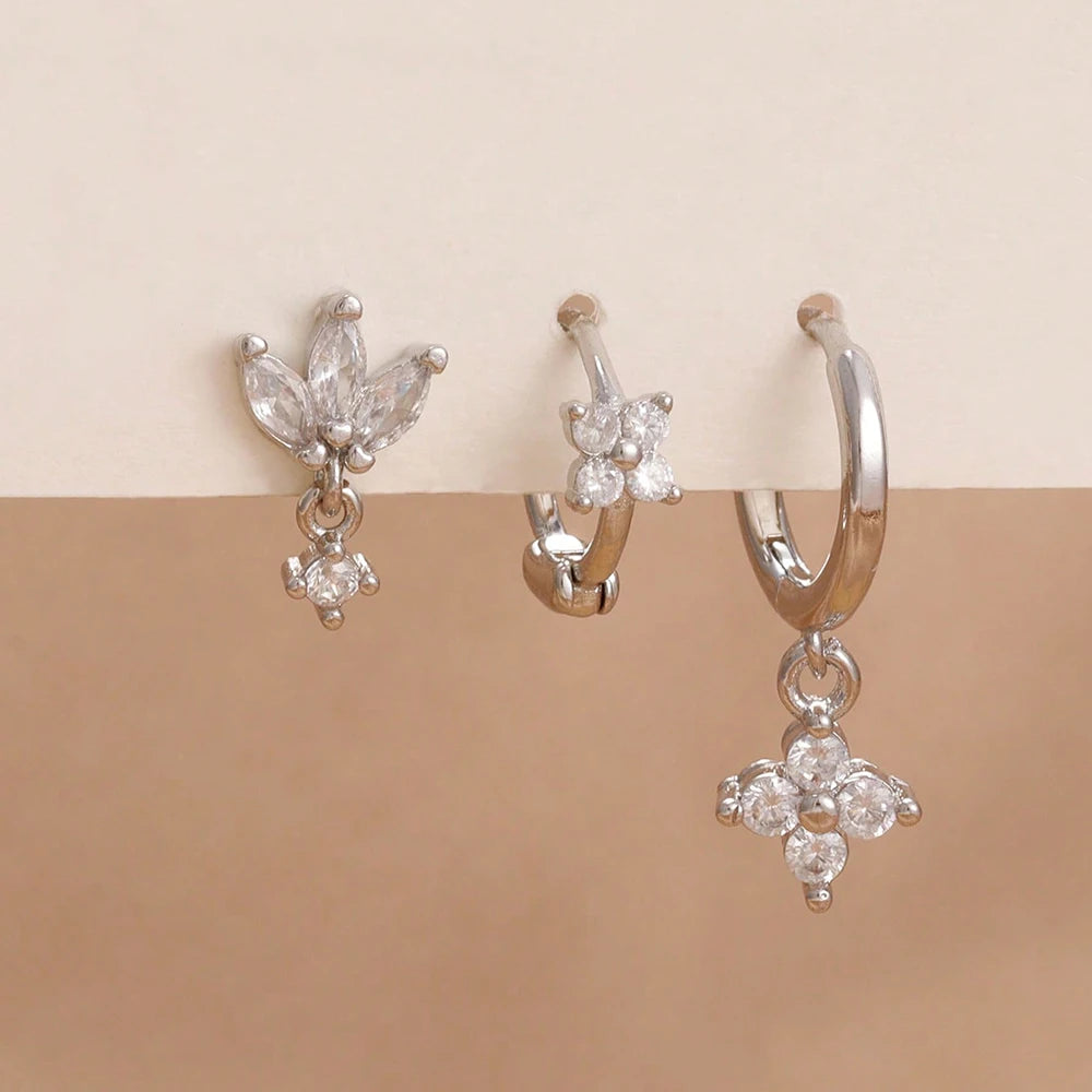 Pack 3 Brincos Flor com Zircónia | Aço Inoxidável Hipoalergénico.
