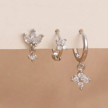 Pack 3 Brincos Flor com Zircónia | Aço Inoxidável Hipoalergénico.