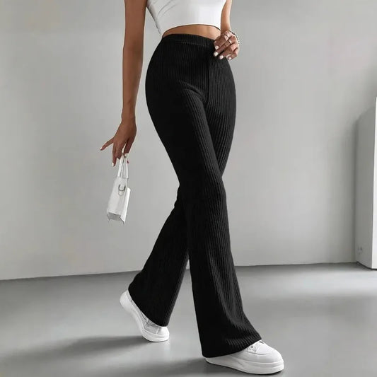 Calças Bootcut Caneladas em Malha