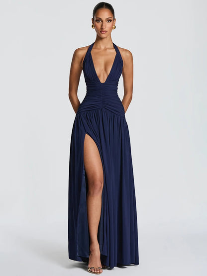 Vestido Maxi Halter com Decote V Profundo