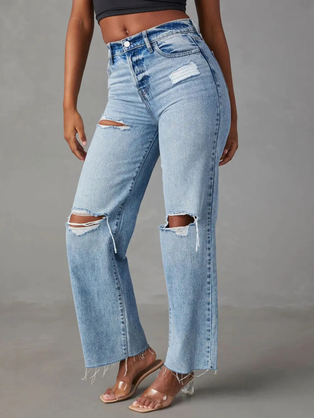 Calças de Ganga Straight Leg com Rasgões & Bolsos