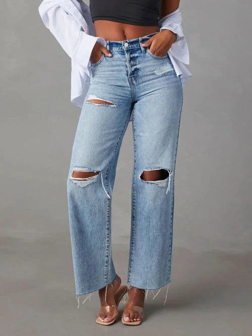 Calças de Ganga Straight Leg com Rasgões & Bolsos